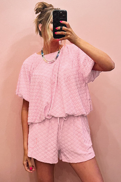 Sweet Daisy Jacquard Textured Knit Short Sleeve Top And Matching Shorts Set